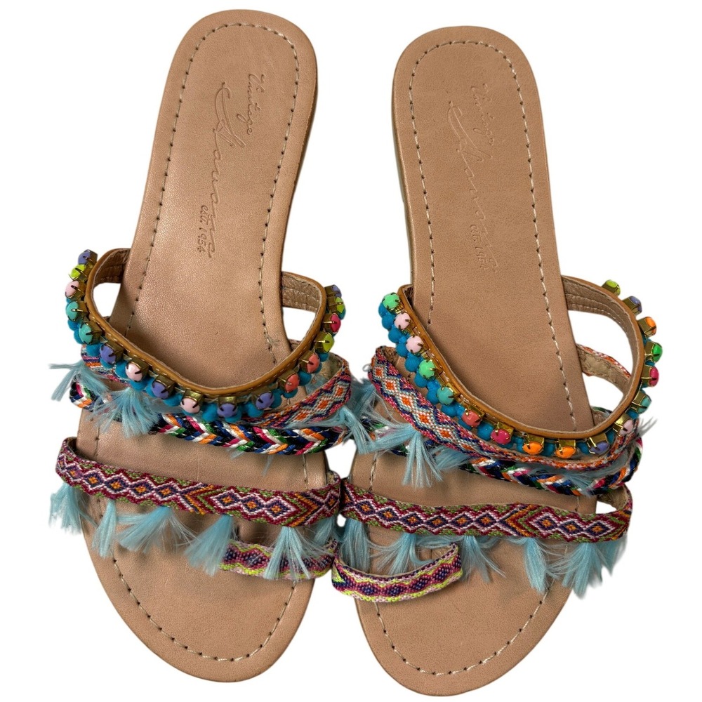 Vintage Havana Boho Embroidered Beaded Fringe Slide Sandal Multi Color Women 6.5